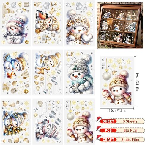195pcs Christmas Snowman Window Stickers 9 Sheets Christmas Stickers Static Window Clings, PVC Xmas Decals Decorations for Christmas Window Display, Home Decor, Party Decor in Kuwait