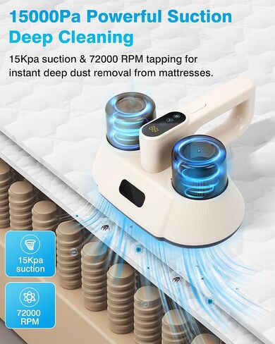 Bed Vacuum Cleaner, Cordless Mattress Vacuum Cleaner, 15Kpa Powerful Suction HEPA Filter 253.7nm UV-C Light 72000 Times/Min Tapping Handheld Vacuum for Bed Pillow Fabric Sofa Cleaning in Saudi Arabia