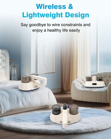 Bed Vacuum Cleaner, Cordless Mattress Vacuum Cleaner, 15Kpa Powerful Suction HEPA Filter 253.7nm UV-C Light 72000 Times/Min Tapping Handheld Vacuum for Bed Pillow Fabric Sofa Cleaning in Saudi Arabia