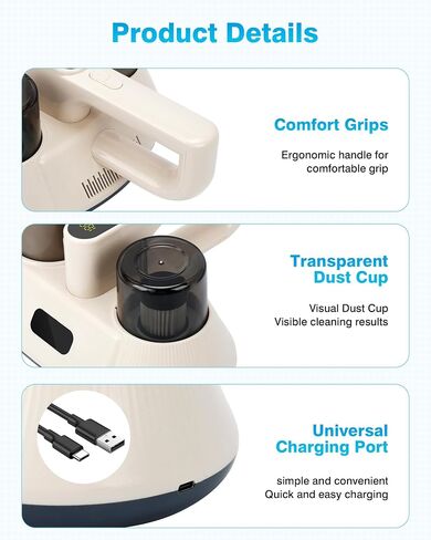 Bed Vacuum Cleaner, Cordless Mattress Vacuum Cleaner, 15Kpa Powerful Suction HEPA Filter 253.7nm UV-C Light 72000 Times/Min Tapping Handheld Vacuum for Bed Pillow Fabric Sofa Cleaning in Saudi Arabia