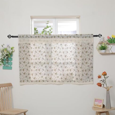 Farmhouse Cotton Linen Tier Curtain 39.3 Inch Long Elegant Floral Lace Window Valance Kitchen Bathroom Short Curtain, 1 Panel, Red Little Rosa Multiflora in Saudi Arabia