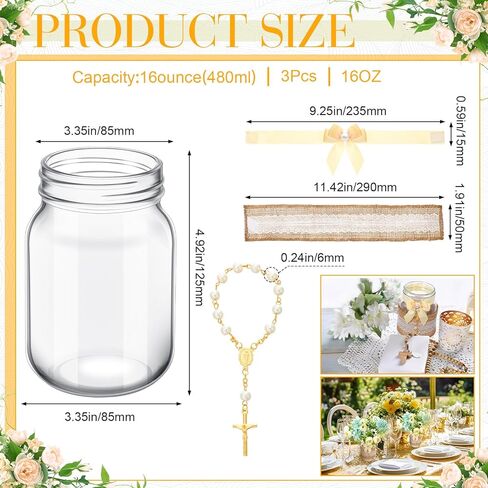 3 مجموعات من قطعة الطاولة المركزية لجرة عيد الفصح، تتضمن 3 برطمان ماسون و3 أكمام من الدانتيل و3 مسبحة صليب ذهبي و3 ربطات عنق من اللؤلؤ الاصطناعي، ومزهريات لحفلة تعميد حديثي الولادة والبنات in Kuwait