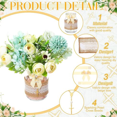 3 مجموعات من قطعة الطاولة المركزية لجرة عيد الفصح، تتضمن 3 برطمان ماسون و3 أكمام من الدانتيل و3 مسبحة صليب ذهبي و3 ربطات عنق من اللؤلؤ الاصطناعي، ومزهريات لحفلة تعميد حديثي الولادة والبنات in Kuwait