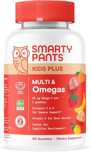 SmartyPants Kids Multivitamin Gummies - Improved Formula: Omega 3 Oil (DHA/EPA), Vitamins D3, C, B12, B6, Vitamin A, K & Zinc, Gluten Free, Three Fruit Flavors, 60 Count (30 Day Supply) in Saudi Arabia