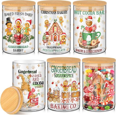 Shellwei 6 Pcs Christmas Glass Food Storage Jar Gingerbread Man Glass Jar with Wood Lid Christmas Canister Set Clear Gingerbread Man Glass Storage Jar 19oz for Kitchen Containers Christmas Decoration in Saudi Arabia