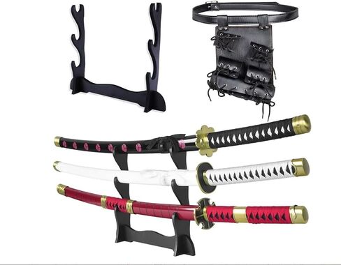 مجموعة من ثلاثة سيوف زورو على طراز الرسوم المتحركة مقاس 41 بوصة، ساموراي كاتانا، سيوف أنمي معدنية حقيقية. ث/حامل وحزام سيف خشبي مجاني in Kuwait