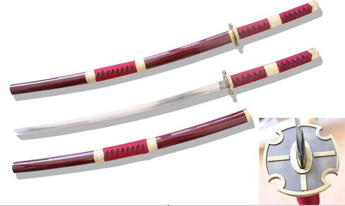 مجموعة من ثلاثة سيوف زورو على طراز الرسوم المتحركة مقاس 41 بوصة، ساموراي كاتانا، سيوف أنمي معدنية حقيقية. ث/حامل وحزام سيف خشبي مجاني in Kuwait