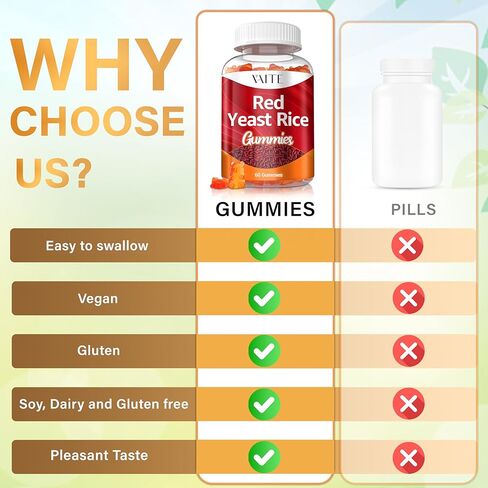 أرز الخميرة الحمراء من فايت مع صمغ Coq10 - 1200 مجم RYR مكمل عضوي مع الإنزيم المساعد Q10 Monacolin K لارتفاع نسبة الكوليسترول وغير معدل وراثيًا وخالي من السيترينين، مضغ عشبي نباتي 60 قطعة in Kuwait
