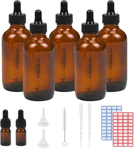 5Pcs Dropper Bottles,4oz(120ml) & 5ml Amber Glass Tincture Bottles with Dropper, Funnel, Pipette, Labels,Brush Droplette Bottle for Essential Oils Liquids(120ml, Brown) in Saudi Arabia