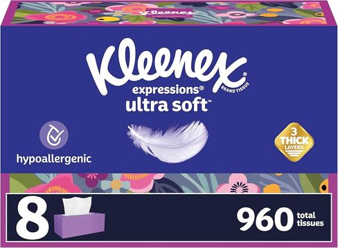 Kleenex Ultra Soft Facial Tissues, 8 Flat Boxes, 180 Tissues per Box, 3-Ply, Packaging May Vary in Kuwait