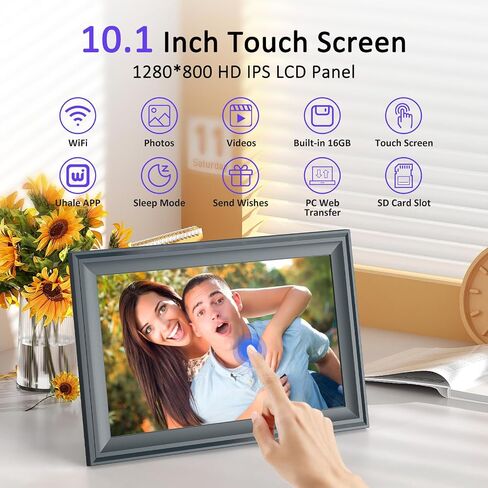 إطار صور رقمي 10.1 بوصة إطار صور رقمي واي فاي، شاشة لمس عالية الدقة 1280 * 800، تخزين 16 جيجابايت، عرض شرائح يدور تلقائيًا، مثبت على الحائط، مشاركة الصور والفيديو على الفور عبر تطبيق الهاتف، أسود in Saudi Arabia