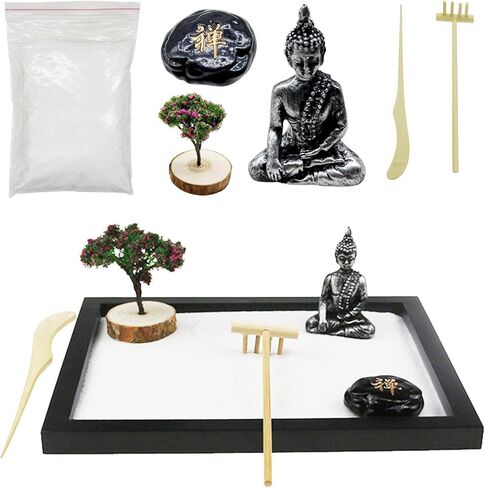 مجموعة Woohome Mini Zen Sand Garden Kit، مجموعة Mini Zen Garden Kit، مجموعة ديكور Zen مع الرمال البيضاء والصخور والكراسي الصغيرة والأبراج والجسور ونماذج الأشجار لديكور سطح المكتب المنزلي والمكتب in Kuwait