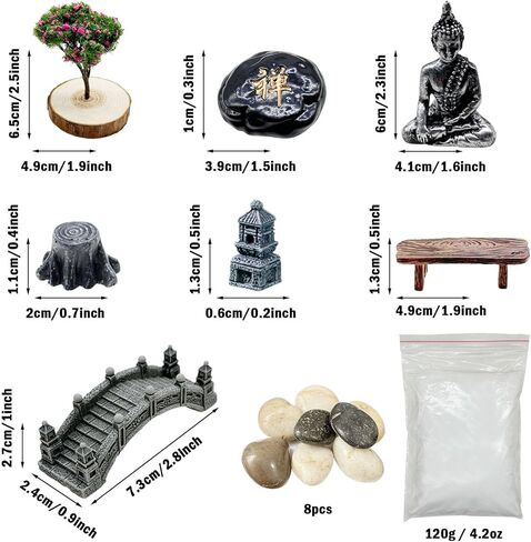مجموعة Woohome Mini Zen Sand Garden Kit، مجموعة Mini Zen Garden Kit، مجموعة ديكور Zen مع الرمال البيضاء والصخور والكراسي الصغيرة والأبراج والجسور ونماذج الأشجار لديكور سطح المكتب المنزلي والمكتب in Kuwait
