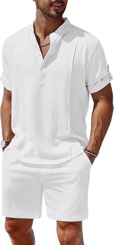 COOFANDY Mens Linen Sets 2 Pieces Casual Short Sleeve Henley Shirts and Pants Set Summer Vacation Outfits in Saudi Arabia