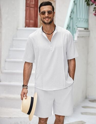 COOFANDY Mens Linen Sets 2 Pieces Casual Short Sleeve Henley Shirts and Pants Set Summer Vacation Outfits in Saudi Arabia