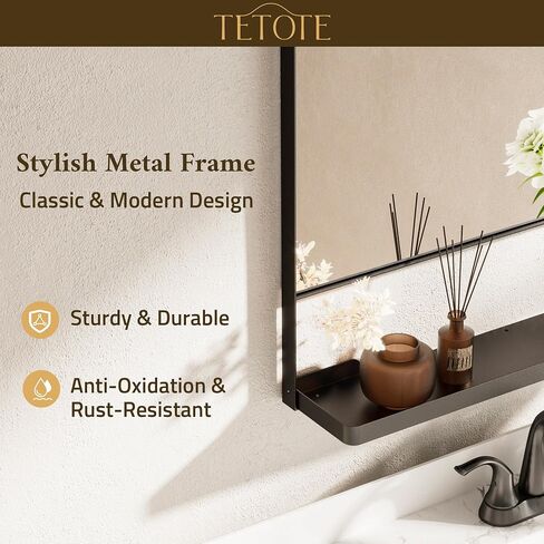 tetote مرآة الغرور ذات إطار معدني أسود مع رف للجدار، مرآة مستطيلة مستديرة مقاس 24 × 32 بوصة للجدار، مرآة الغرور للحمام باللون الأسود غير اللامع، ديكور الحمام للمزرعة، غرفة المعيشة، غرفة النوم in Saudi Arabia