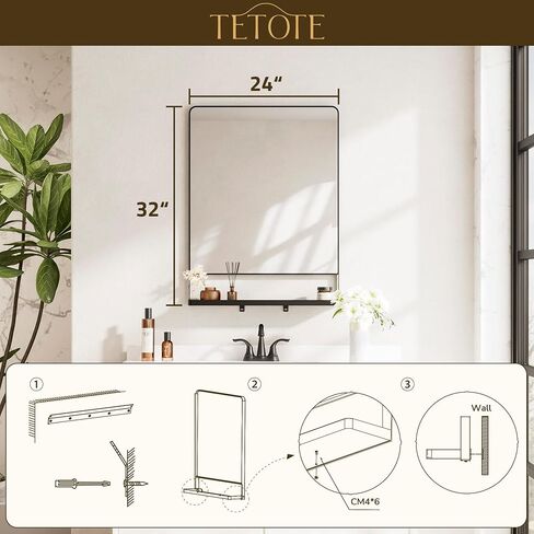 tetote مرآة الغرور ذات إطار معدني أسود مع رف للجدار، مرآة مستطيلة مستديرة مقاس 24 × 32 بوصة للجدار، مرآة الغرور للحمام باللون الأسود غير اللامع، ديكور الحمام للمزرعة، غرفة المعيشة، غرفة النوم in Saudi Arabia