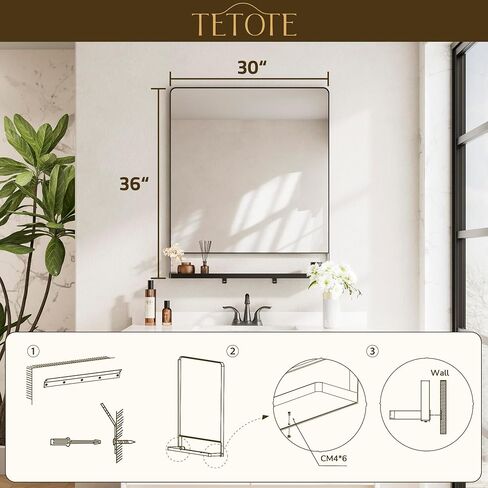 tetote مرآة الغرور ذات إطار معدني أسود مع رف للجدار، مرآة مستطيلة مستديرة مقاس 24 × 32 بوصة للجدار، مرآة الغرور للحمام باللون الأسود غير اللامع، ديكور الحمام للمزرعة، غرفة المعيشة، غرفة النوم in Saudi Arabia