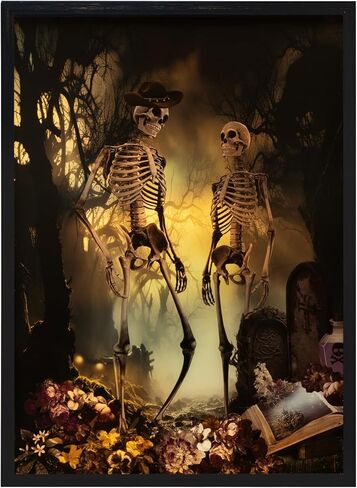 ArtbyHannah Lighted Halloween Wall Decor, Skeleton Halloween Wall Art, Halloween Decorations Indoor with Skeleton Skull&Grave pictures for Party Living Room Bedrrom Office(12x16 Inch Black Framed) in Saudi Arabia