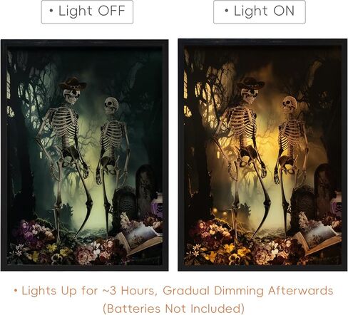 ArtbyHannah Lighted Halloween Wall Decor, Skeleton Halloween Wall Art, Halloween Decorations Indoor with Skeleton Skull&Grave pictures for Party Living Room Bedrrom Office(12x16 Inch Black Framed) in Saudi Arabia