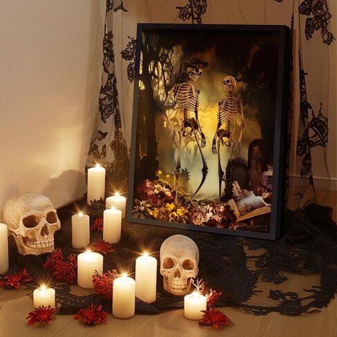 ArtbyHannah Lighted Halloween Wall Decor, Skeleton Halloween Wall Art, Halloween Decorations Indoor with Skeleton Skull&Grave pictures for Party Living Room Bedrrom Office(12x16 Inch Black Framed) in Saudi Arabia