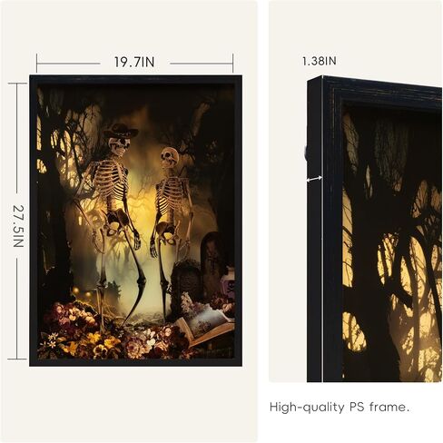 ArtbyHannah Lighted Halloween Wall Decor, Skeleton Halloween Wall Art, Halloween Decorations Indoor with Skeleton Skull&Grave pictures for Party Living Room Bedrrom Office(12x16 Inch Black Framed) in Saudi Arabia