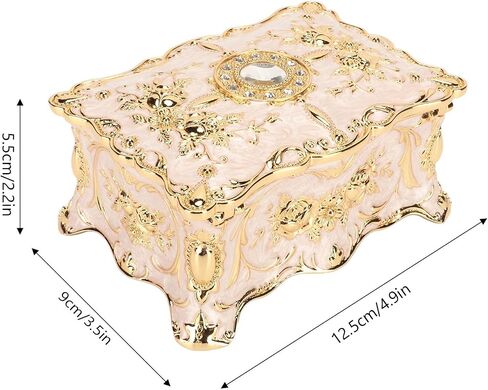 صندوق مجوهرات عتيق، تصميم فاخر على شكل وردة، صندوق مجوهرات من سبيكة مستطيلة، صندوق تخزين منظم، صندوق تخزين مجوهرات منقوش، هدية تذكارية للسيدات والفتيات (ذهبي + أبيض) in Kuwait