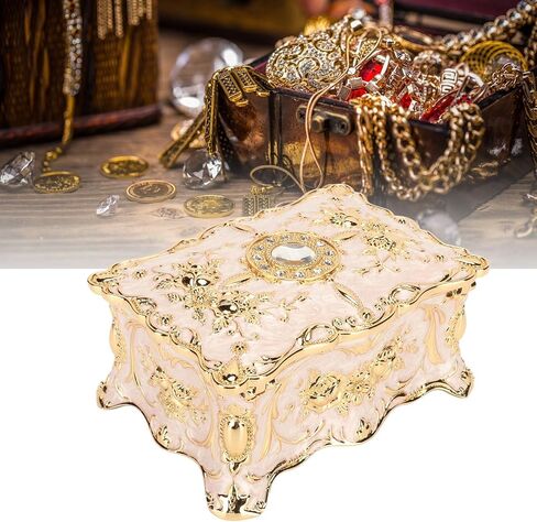 صندوق مجوهرات عتيق، تصميم فاخر على شكل وردة، صندوق مجوهرات من سبيكة مستطيلة، صندوق تخزين منظم، صندوق تخزين مجوهرات منقوش، هدية تذكارية للسيدات والفتيات (ذهبي + أبيض) in Kuwait