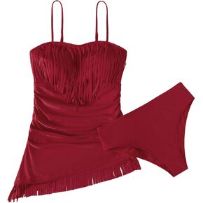 Milumia Women's Two Piece Swimsuit Spaghetti Strap Fringe Hem Swim Dress Bathing Suit