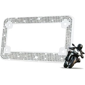 EWBN Motorcycle Black Bling License Plate Frames,Diamond Rhinestone Motorcycle License Plate Holder,Motorbike Crystals License Plate Cover,Motorcycle Plate Accessories