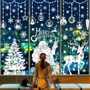 Christmas Window Clings Cute Large Christmas Window Decorations Santa Claus Christmas Tree Decoration Snowflake Reindeer Xmas Stickers Door Christmas Decor Reusable Wall Decal Sticker Holiday