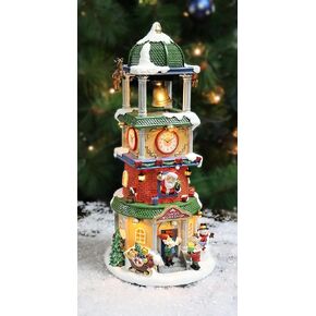 MOMENTS IN TIME 13.8"H Polyresin Christmas Village Clock Tower with Animated Reindeer & Bell LED Lightup & Music