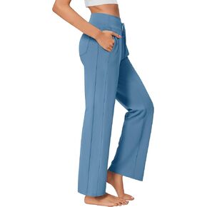 PINSPARK Womens Wide Leg Yoga Pants with Pockets Drawstring Athletic Pants Sun Protection High Waisted Sweatpants Deep Blue Petite Large