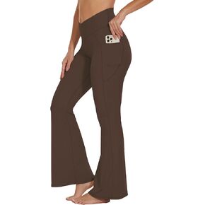 Flare Crossover Leggings with Pockets for Women 30" High Waisted V Cross Wide Leg Yoga Pants Tummy Control Bootcut Workout Gym Brown M