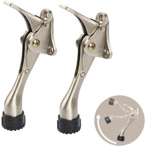 Kickdown Door Stopper 4 Inches - 2 Packs One Touch Adjustable Height Door Stop for The Bottom of Door Zinc Alloy Metal Door Stopper with Rubber Tip & Wall Protectors for Wide Doors Satin Nickel
