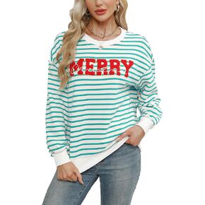 KIDDAD Christmas Sweatshirts for Women Glitter Patch Merry Christmas Letter Print Sweater Embroidered Striped Pullover Tops