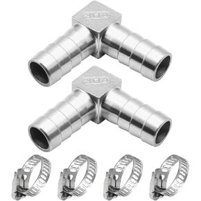2pcs Stainless Steel 304 Hose Barb Fitting 90 Degree Elbow 6mm Barbed x 6mm Barbed with 4pcs Hose Clamp L Right Angle Water Fuel Air