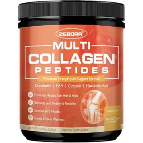 ZEBORA Multi-Collagen-Peptides-Powder for Joint Recovery with MSM & CS, Hydrolyzed Collagen Peptides with Hyaluronic Acid & Vitamin C for Women and Men Hair, Skin & Nails Support, Keto Friendly