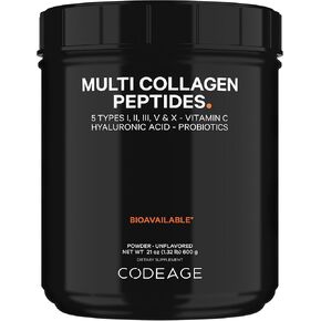 Codeage Multi Collagen Peptides + Probiotics Black Edition, Vitamin C, Hyaluronic Acid Powder Supplement, Grass-Fed, Pasture-Raised, Hydrolyzed, Zero Carbs, Type I, II, III, V & X, Unflavored, 21oz