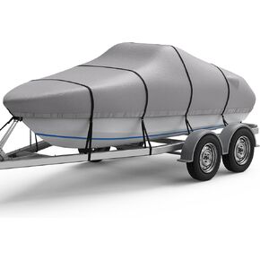 Extra Thick Full 1400D Boat Cover, 22-24ft Waterproof Trailerable Heavy Duty Marine Grade Bass Boat Cover, Fits Tri-Hull, V-Hull, Runabout, Fishing Boat, Gray