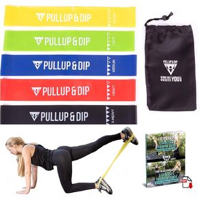 PULLUP & DIP Loop Bands, Fitness Resistance Bands Set of 5 Strengths + Bag, Natural Latex Booty Bands, Mini Bands, Exercise Bands for Legs, Glutes, Yoga, Pilates, Mobility