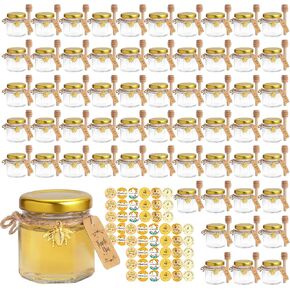 60Pcs Mini Glass Honey Jars 1.5Oz Hexagon Small Honey Jars In Bulk with Wooden Dippers,Bee Charms,Thank You Cards,Jutes and Stickers for Baby Shower Wedding Party Favors