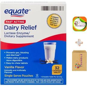 Equate Fast Acting Dairy Relief Lactase Enzyme Dietary Supplement Vanilla Flavor chewables Tablets 32 Count (Pack of 1) + CreativeAndBundle Sticker