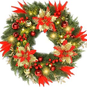 YoleShy Christmas Wreath with Lights 18 inch Christmas Door Wreath Christmas Decorations with Red Gold Poinsettia Ball Ornaments, Prelit Christmas Wreath Christmas Wreath for Door Window Fireplace