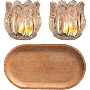 2pcs Tealight Candle Holders Glass Votive Candle Holders Tulip Tea Light Holders with Tray, for Wedding Party Home Decorations Table Centerpiece, Amber