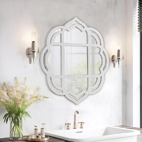 Farmhouse Scalloped Window Mirror 22 X 24 Inch, Hanging Distressed Finish Rustic White Wooden Round Mirrors for Wall Decor Living Room, Floral Decorative Mirrors for Hallway Entryway