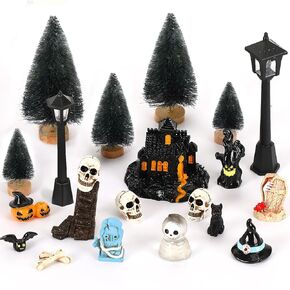 FEBSNOW 22 Pcs Halloween Miniature Figurines Resin Pumpkin Tree Ghost Bat Skeleton Tombstones Figurines Decorations for Halloween Village Garden Miniature Crafts Home Decor Accessories