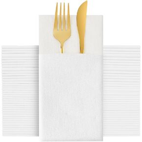 CHEFCAT White Disposable Dinner Napkins with Built-in Flatware Pocket, Linen Feel Airlaid Paper Napkins, Prefolded for Party,Wedding, Restaurant & Dinner, Pack of 50