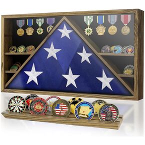 Flag Display Case for Funeral Flag, 5' x 9.5' Military Burial Flag Box with HD Tempered Glass and Removable Dividers, Memorial Flag Frame with Felt Lining for Badges Medals (Black)