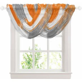 Burnt Orange Grey Sheer Waterfall Valances for Window, Oil Painting Geometric Topper Sheer Curtain Drapes, Modern Abstract Art Swag Curtains for Living Room, Kitchen, 38.5"W x 47.2"L, 3 Panels